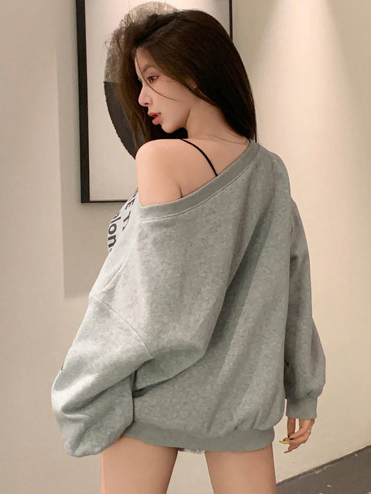 SXV Oversized Loose Asymmetric Letter Print Thermal Lined Women Sweatshirt