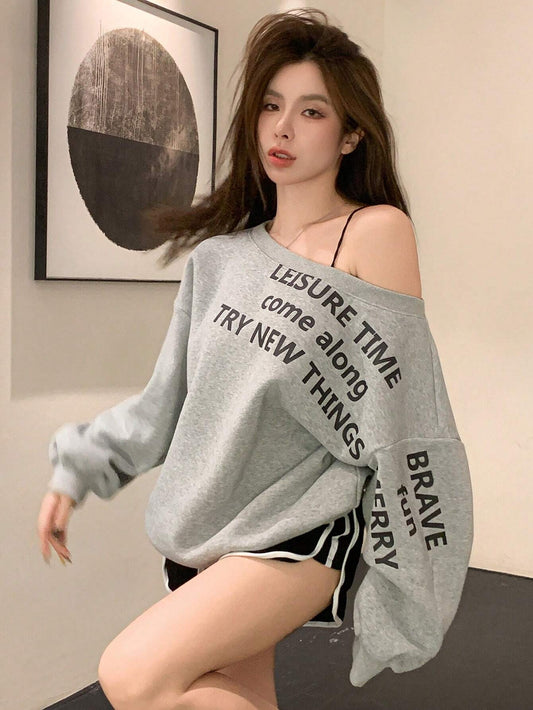 SXV Oversized Loose Asymmetric Letter Print Thermal Lined Women Sweatshirt