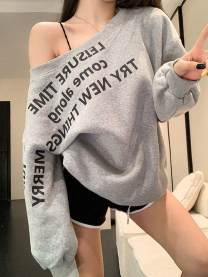 SXV Oversized Loose Asymmetric Letter Print Thermal Lined Women Sweatshirt