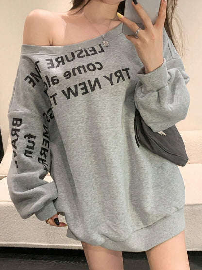 SXV Oversized Loose Asymmetric Letter Print Thermal Lined Women Sweatshirt