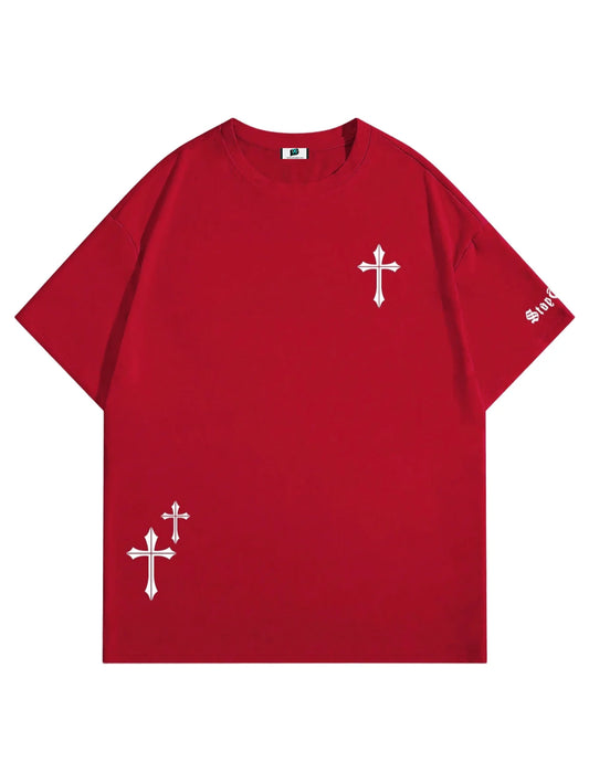 SXV  'crossss’ Printed Cool Aesthetic Oversized Baggy T-shirt