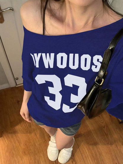 SXV Women's Summer Casual Loose Asymmetric Collar Digit Print Short Sleeve T-Shirt