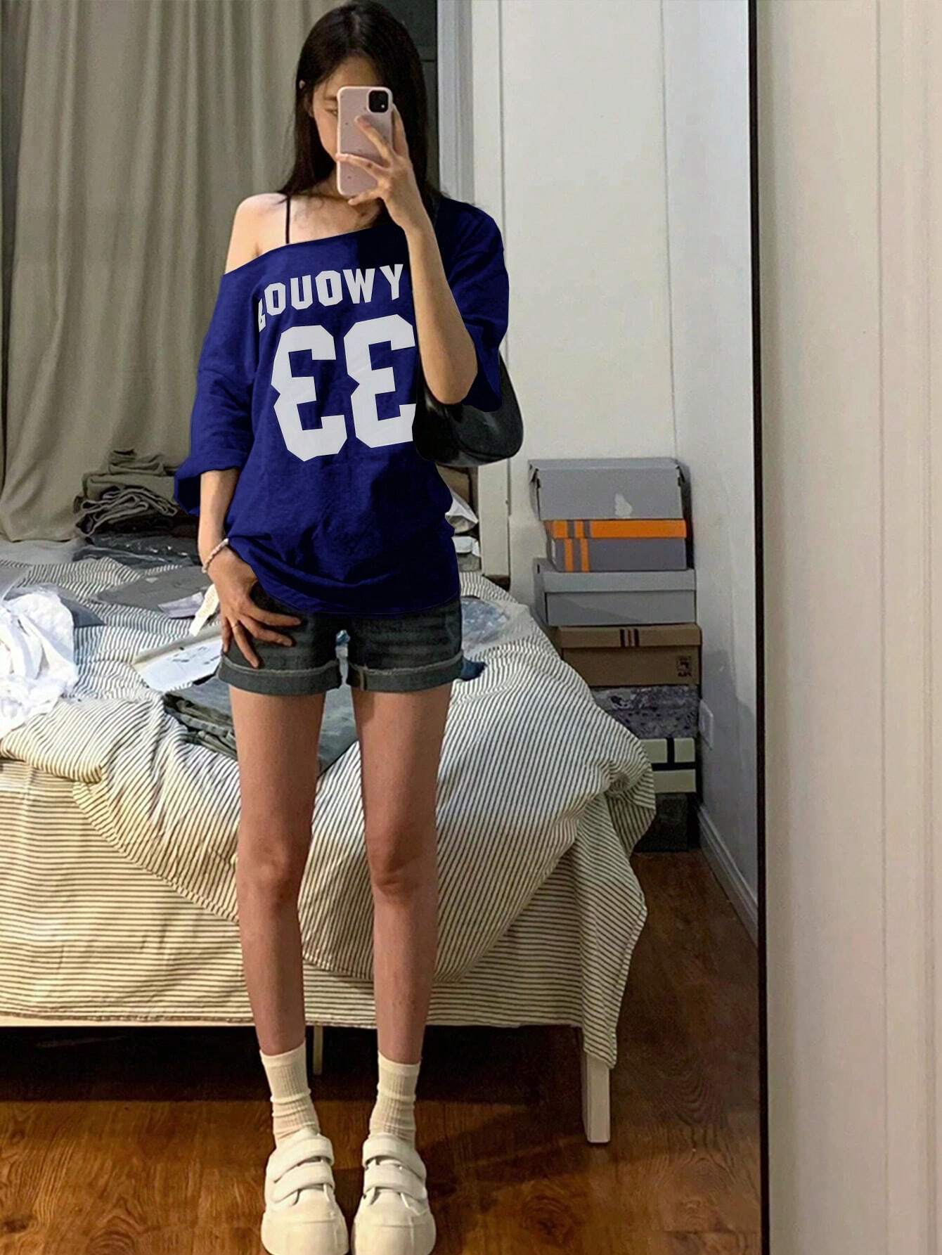 SXV Women's Summer Casual Loose Asymmetric Collar Digit Print Short Sleeve T-Shirt