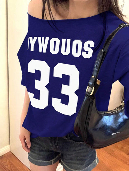 SXV Women's Summer Casual Loose Asymmetric Collar Digit Print Short Sleeve T-Shirt
