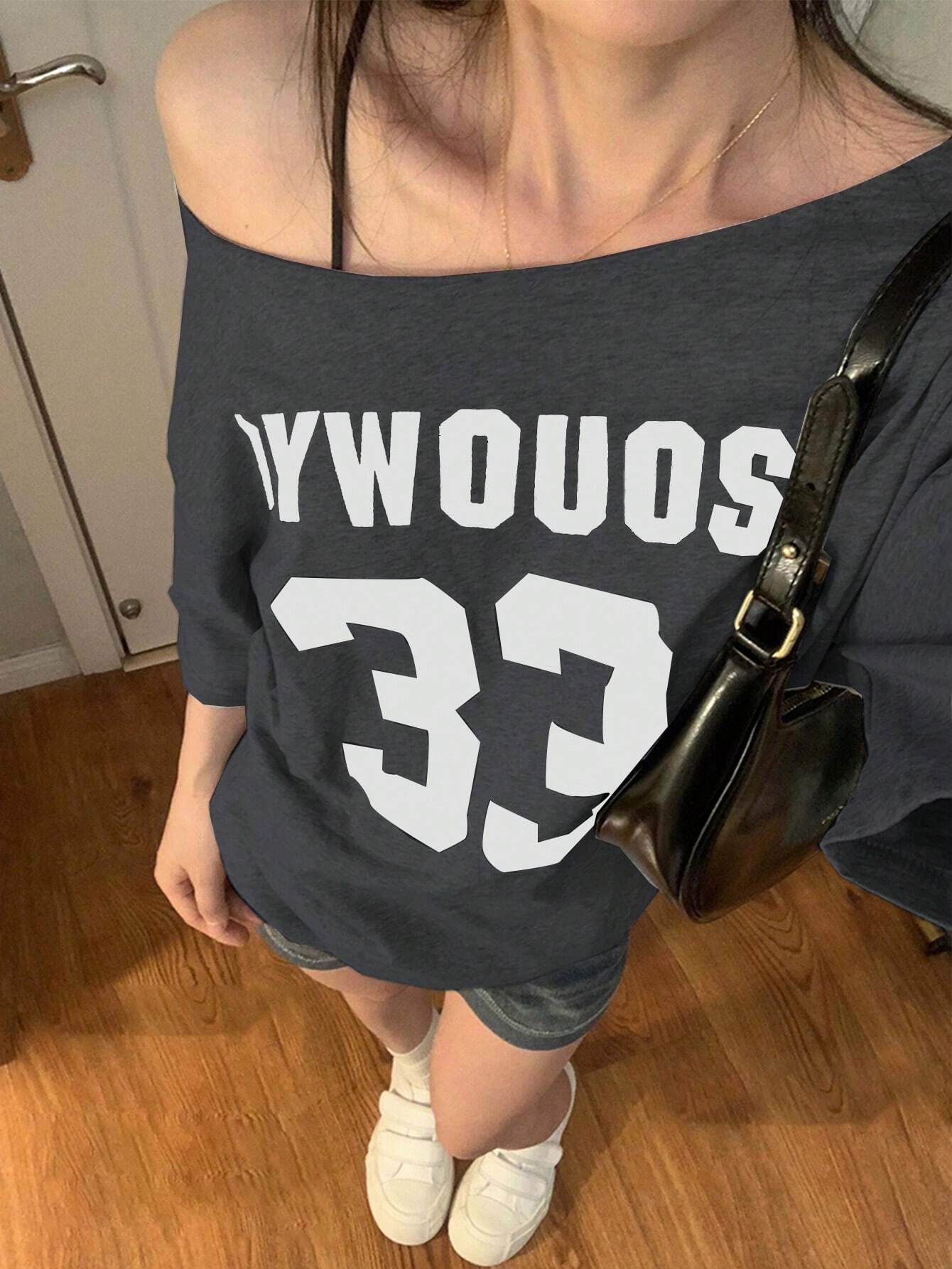 SXV Women's Summer Casual Loose Asymmetric Collar Digit Print Short Sleeve T-Shirt