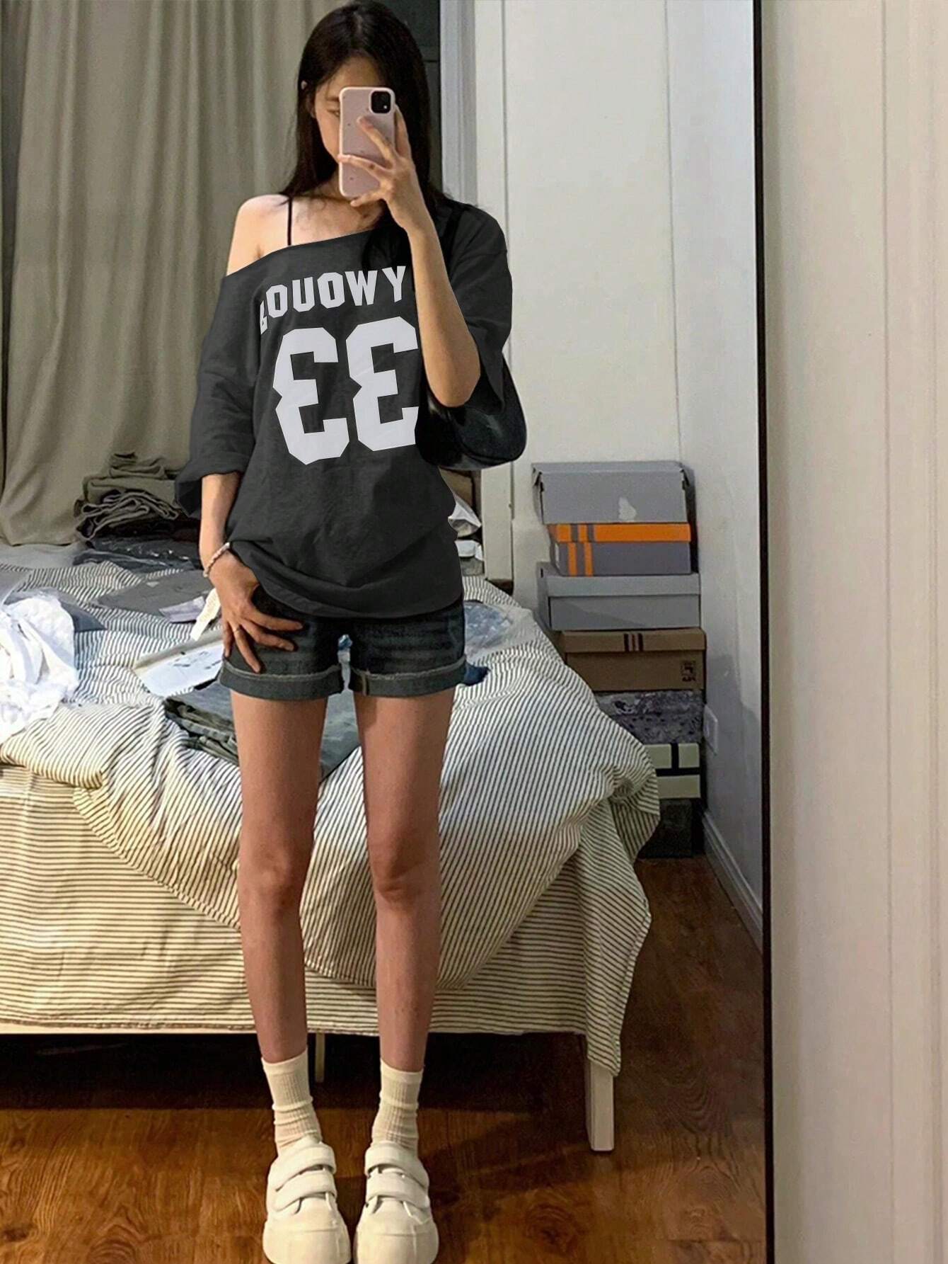 SXV Women's Summer Casual Loose Asymmetric Collar Digit Print Short Sleeve T-Shirt