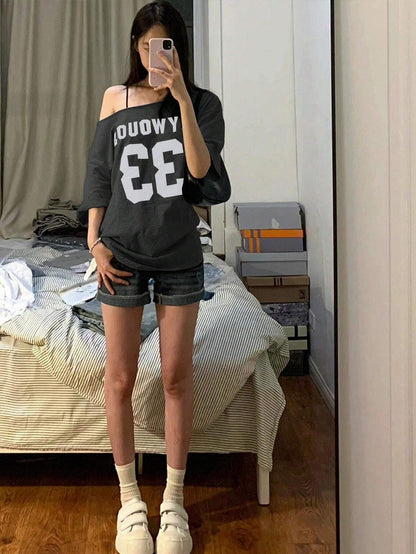 SXV Women's Summer Casual Loose Asymmetric Collar Digit Print Short Sleeve T-Shirt