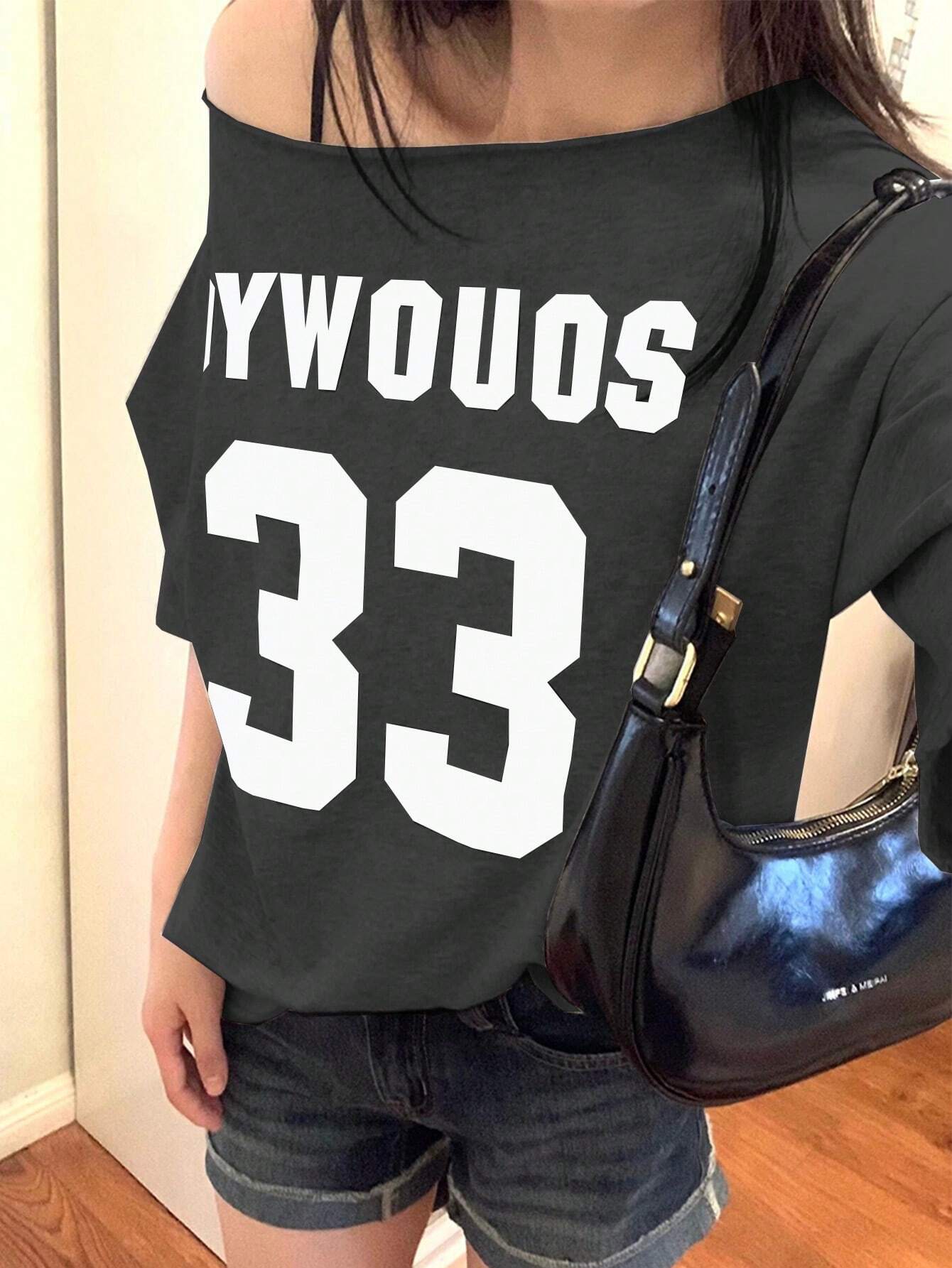 SXV Women's Summer Casual Loose Asymmetric Collar Digit Print Short Sleeve T-Shirt