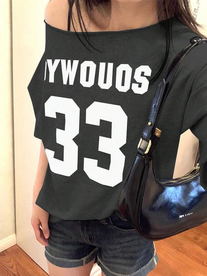 SXV Women's Summer Casual Loose Asymmetric Collar Digit Print Short Sleeve T-Shirt