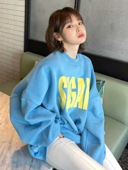 SXV Women Oversized Big Letter Casual Thermal Lined Pullover Sweatshirt For Spring Autumn