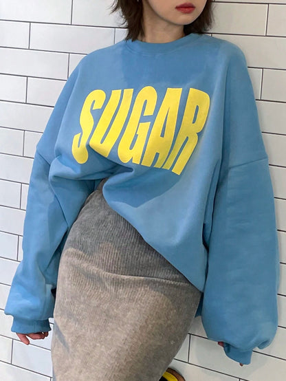 SXV Women Oversized Big Letter Casual Thermal Lined Pullover Sweatshirt For Spring Autumn