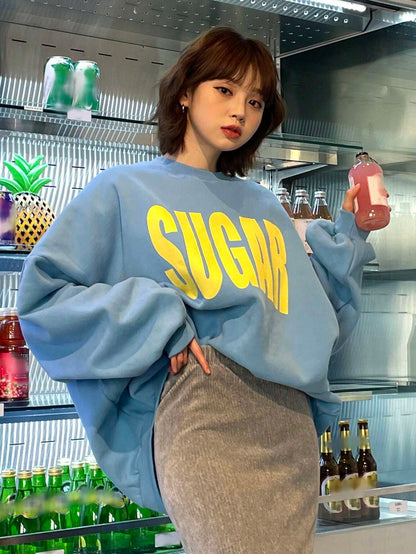 SXV Women Oversized Big Letter Casual Thermal Lined Pullover Sweatshirt For Spring Autumn