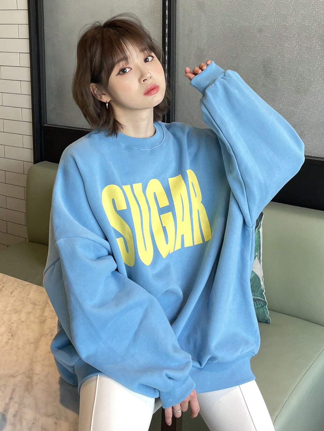 SXV Women Oversized Big Letter Casual Thermal Lined Pullover Sweatshirt For Spring Autumn