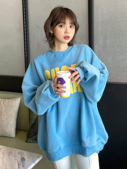 SXV Women Oversized Big Letter Casual Thermal Lined Pullover Sweatshirt For Spring Autumn