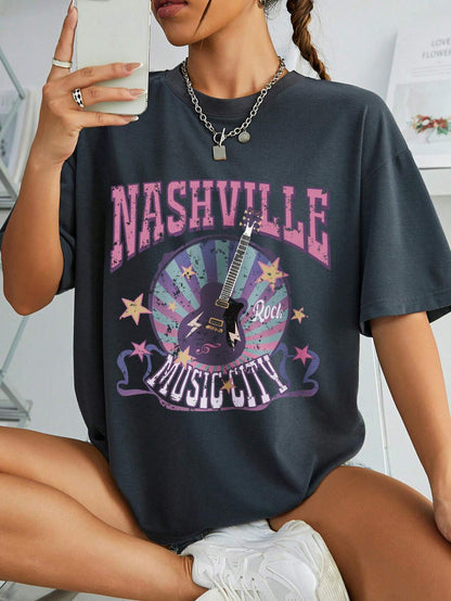 SXV Nashville music city Letter Print Cheongsam Pattern Round Neck Short Sleeve T-Shirt