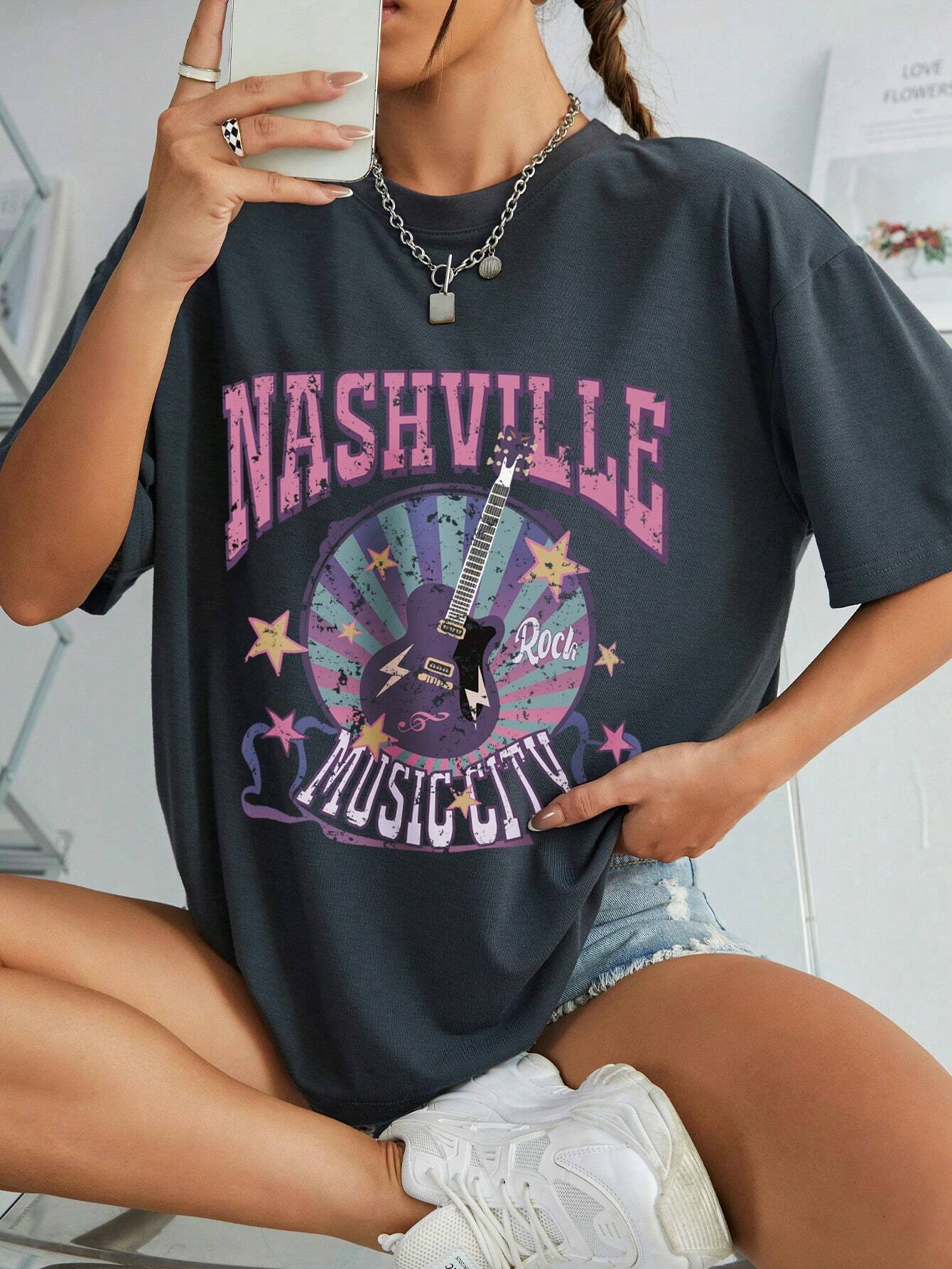 SXV Nashville music city Letter Print Cheongsam Pattern Round Neck Short Sleeve T-Shirt