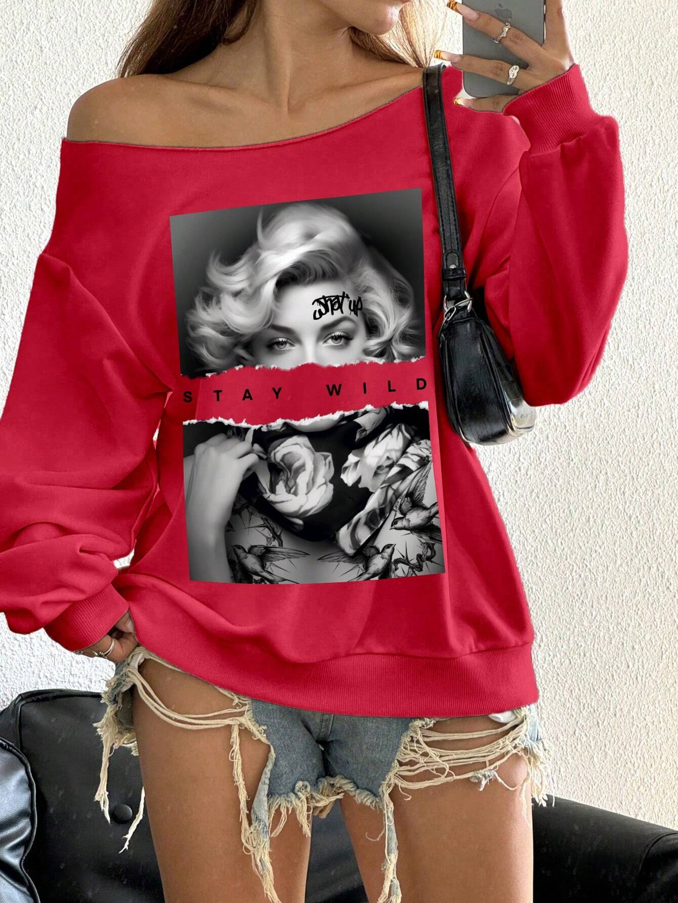 SXV Staywild Women Casual Loose Portrait Print Off-Shoulder Long Sleeve Sweatshirt