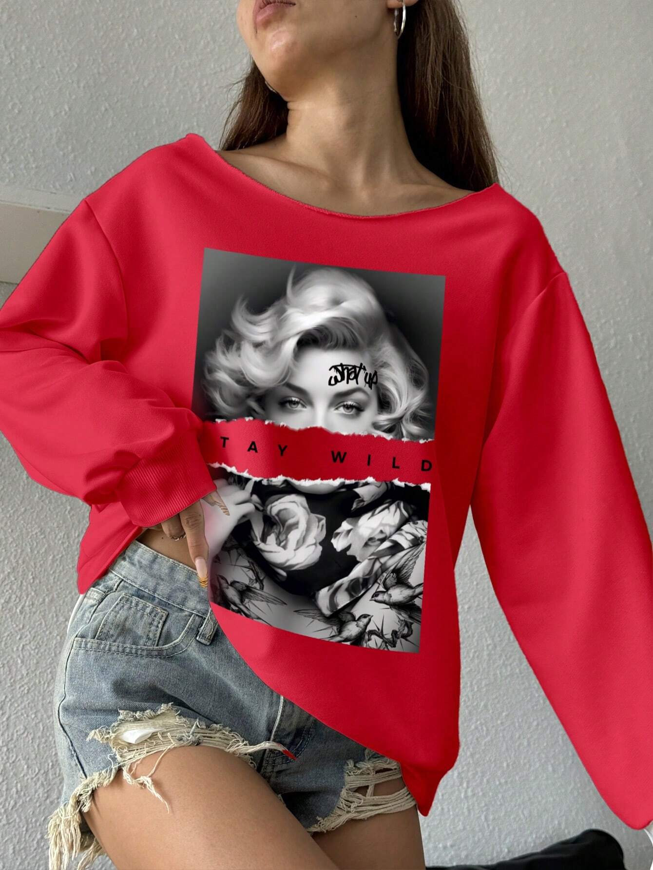 SXV Staywild Women Casual Loose Portrait Print Off-Shoulder Long Sleeve Sweatshirt