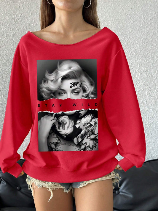 SXV Staywild Women Casual Loose Portrait Print Off-Shoulder Long Sleeve Sweatshirt