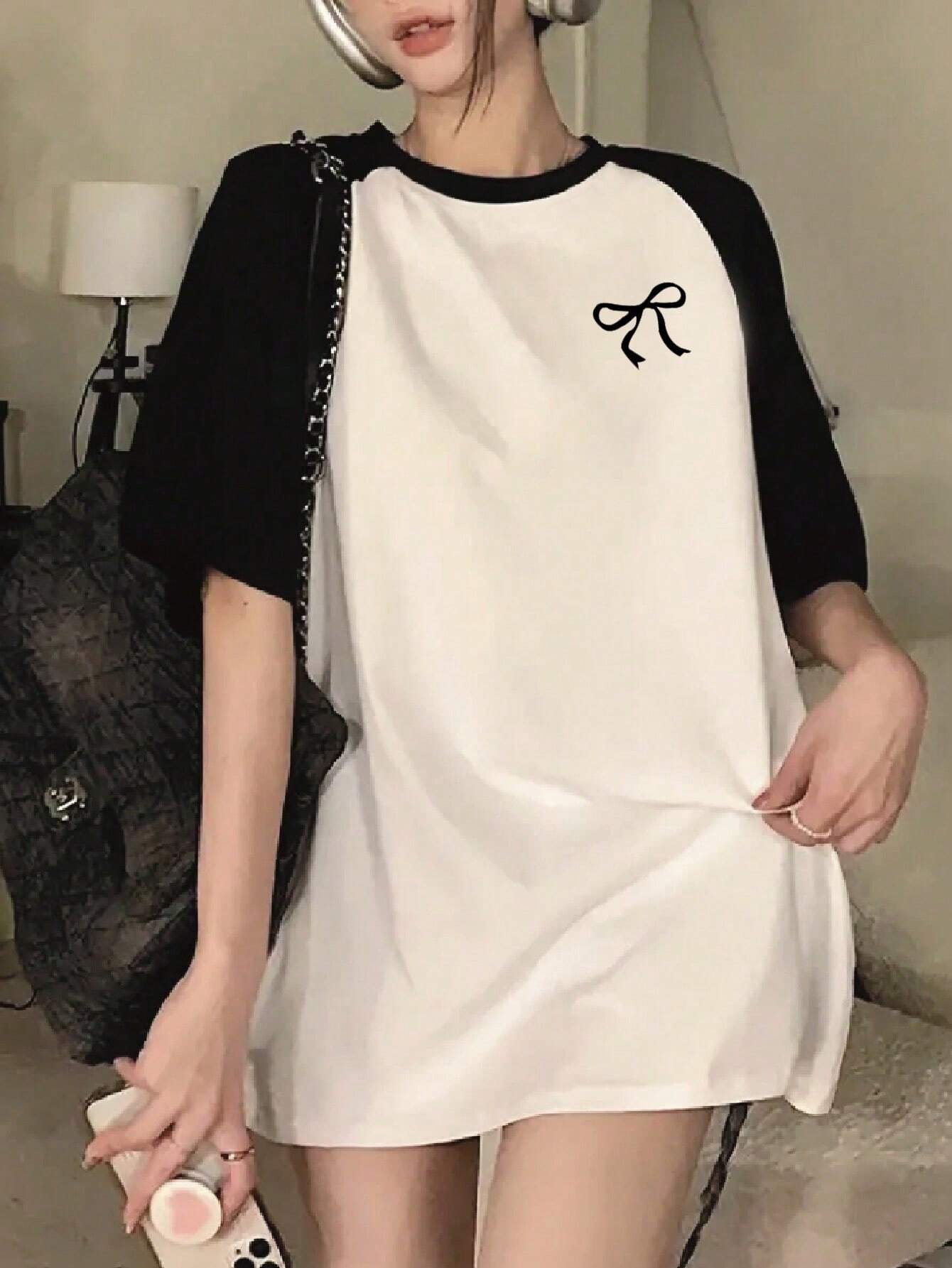 SXV Women's Casual Loose Colorblock Cartoon Cat Print Round Neck Raglan Sleeve T-Shirt, Summer Graphic Tees Women Tops