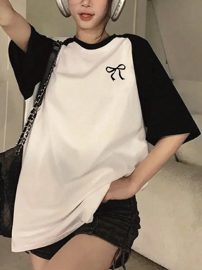 SXV Women's Casual Loose Colorblock Cartoon Cat Print Round Neck Raglan Sleeve T-Shirt, Summer Graphic Tees Women Tops