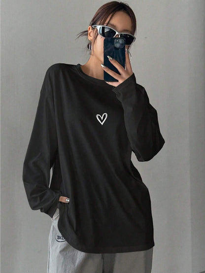 SXV Heart printed Women's Loose Solid Color Round Neck Long Sleeve Long T-Shirt