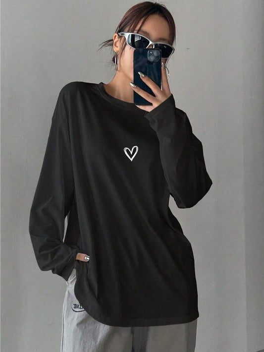 SXV Heart printed Women's Loose Solid Color Round Neck Long Sleeve Long T-Shirt