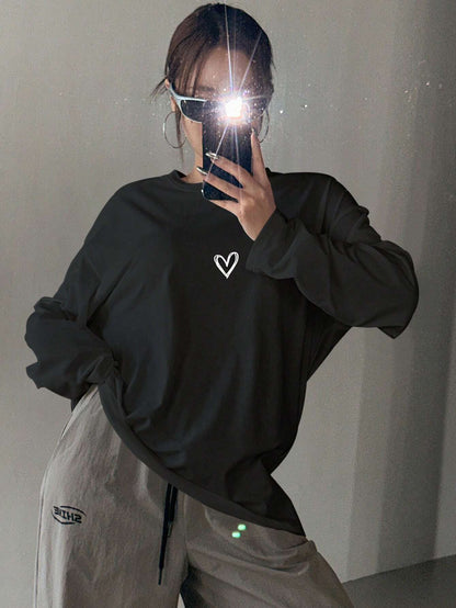 SXV Heart printed Women's Loose Solid Color Round Neck Long Sleeve Long T-Shirt