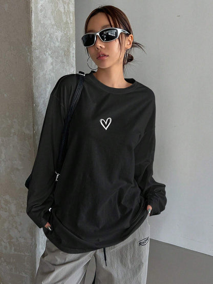 SXV Heart printed Women's Loose Solid Color Round Neck Long Sleeve Long T-Shirt