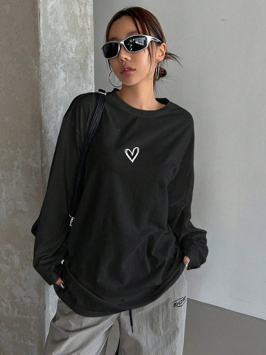 SXV Heart printed Women's Loose Solid Color Round Neck Long Sleeve Long T-Shirt