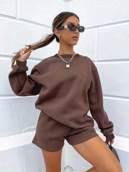 SXV Women's Solid Color Simple Daily Short-Sleeve Top And Shorts Set