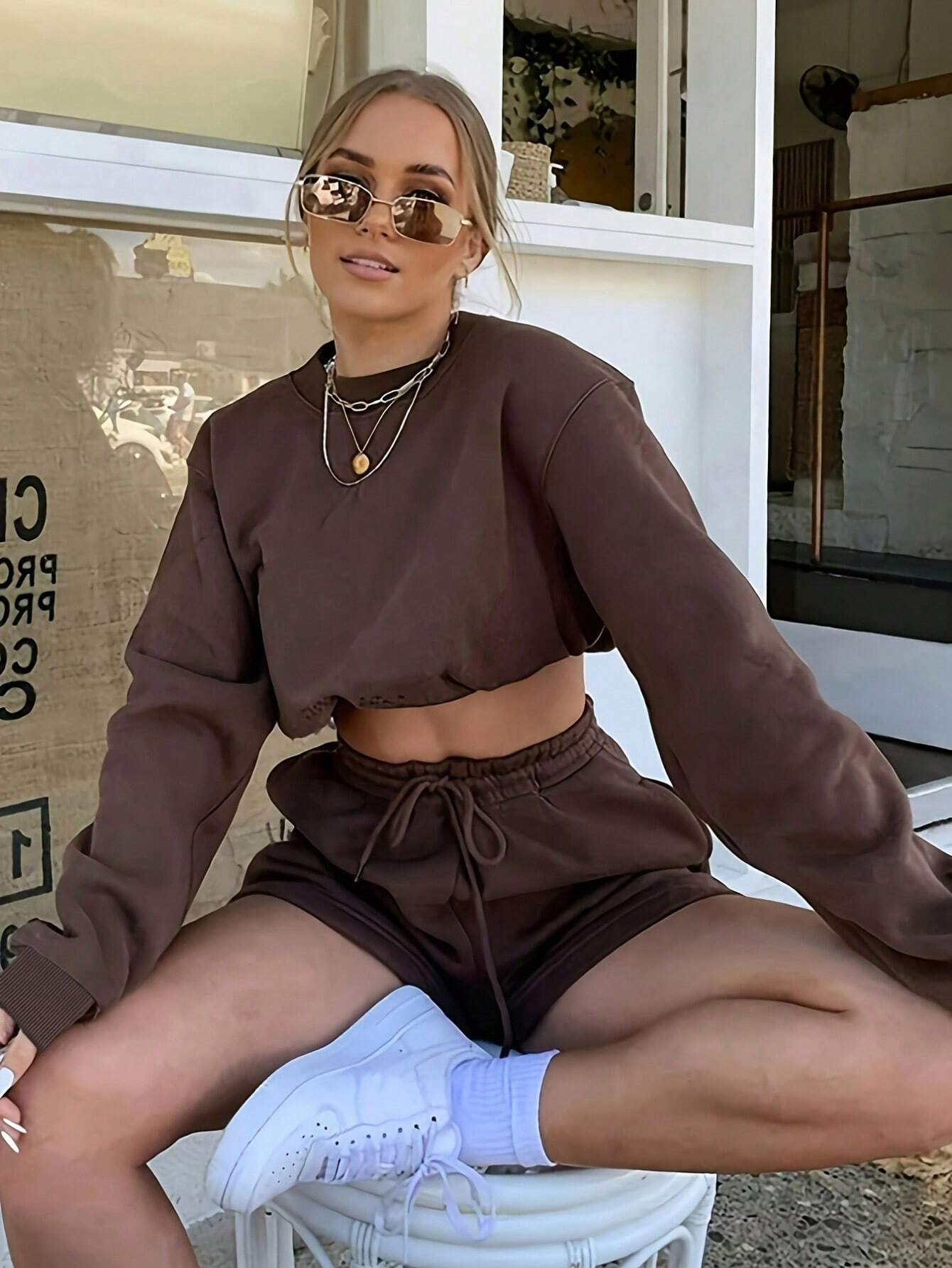 SXV Women's Solid Color Simple Daily Short-Sleeve Top And Shorts Set