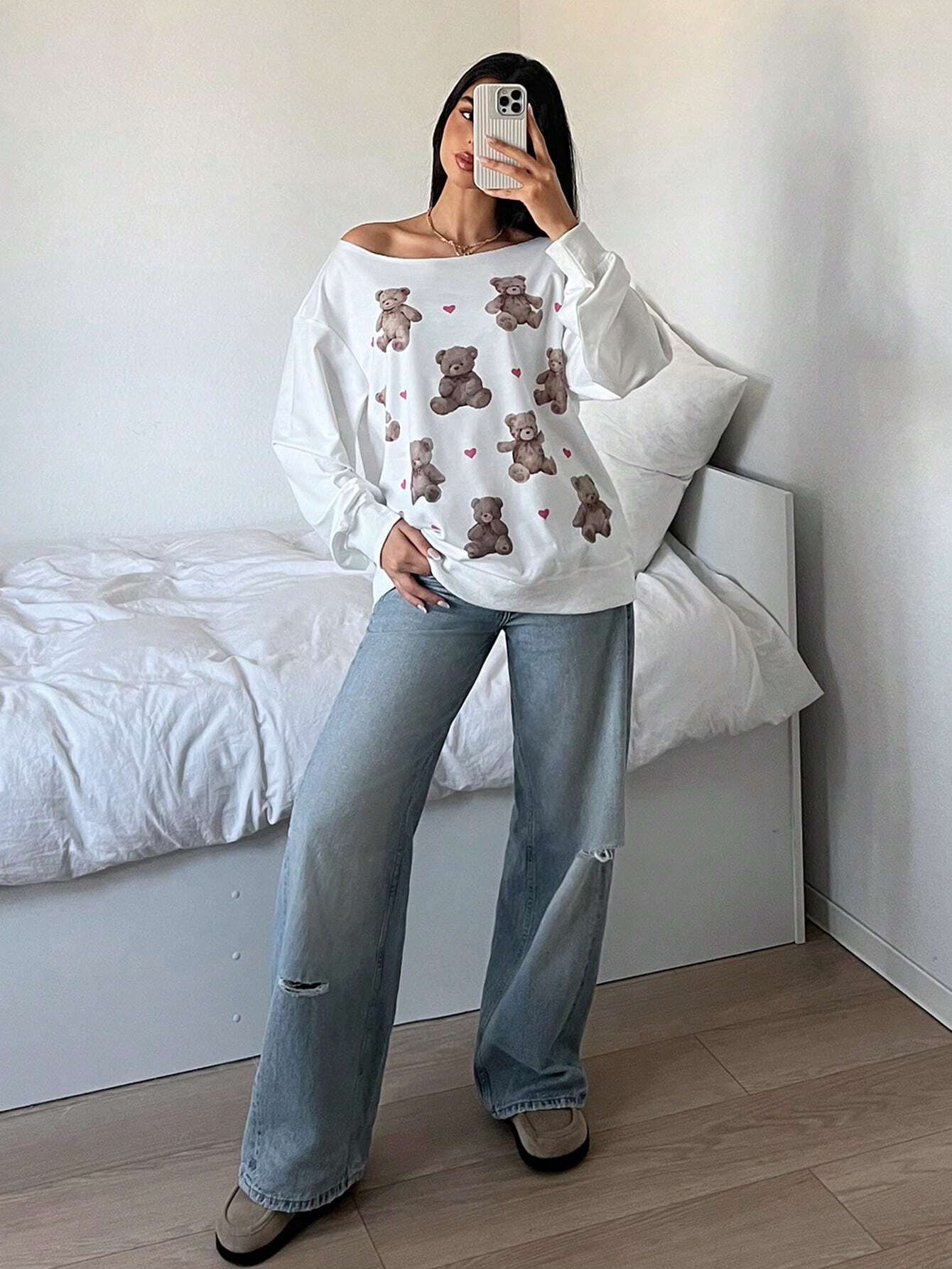 SXV Women's Teddy Print Loose Fit Fleece Lined Hoodie Sweatshirt, Fashion Long Sleeve, Winter