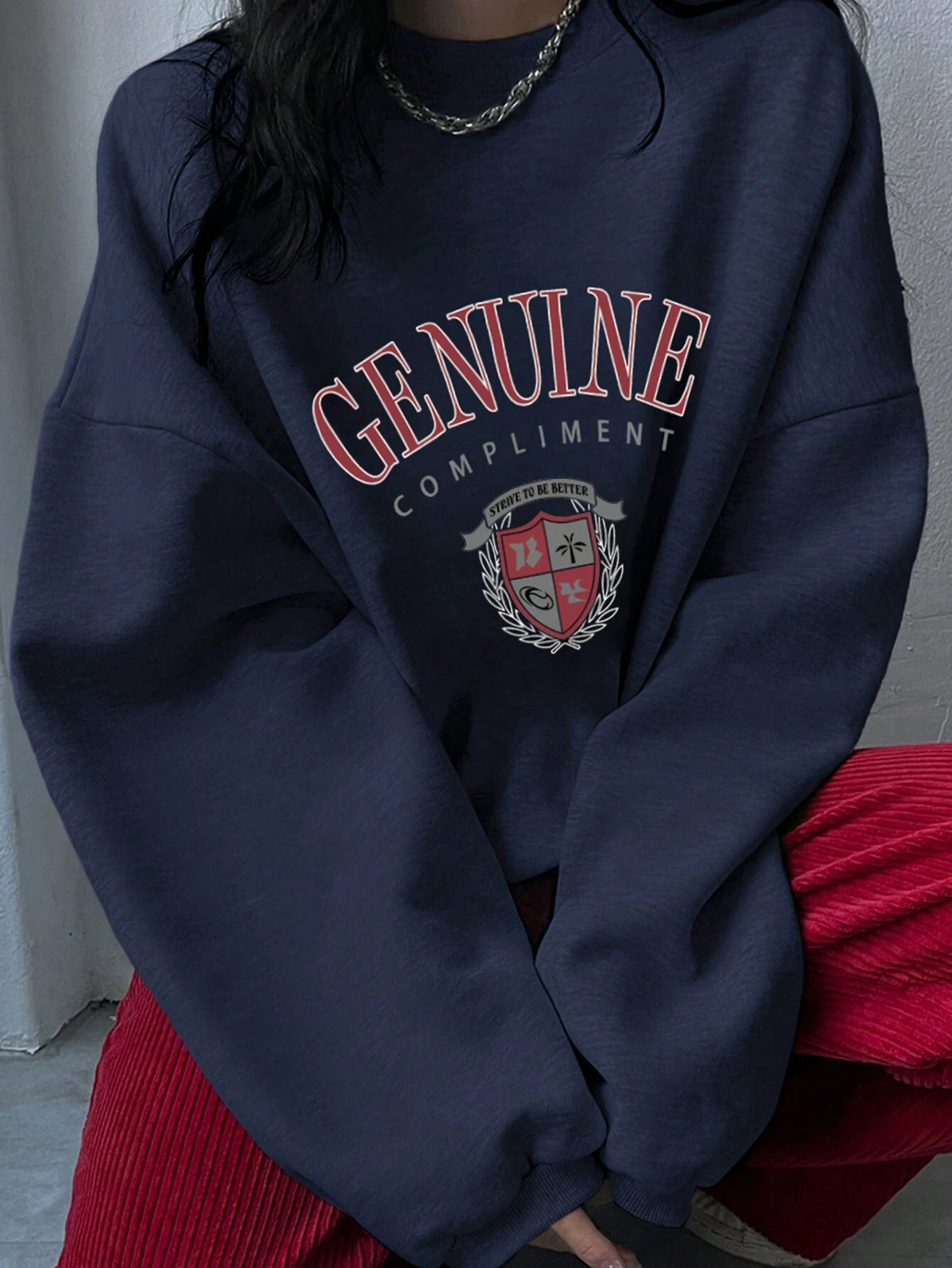 SXV Oversized Genuine compliment Letter Print Thermal Lined Sweatshirt Autumn