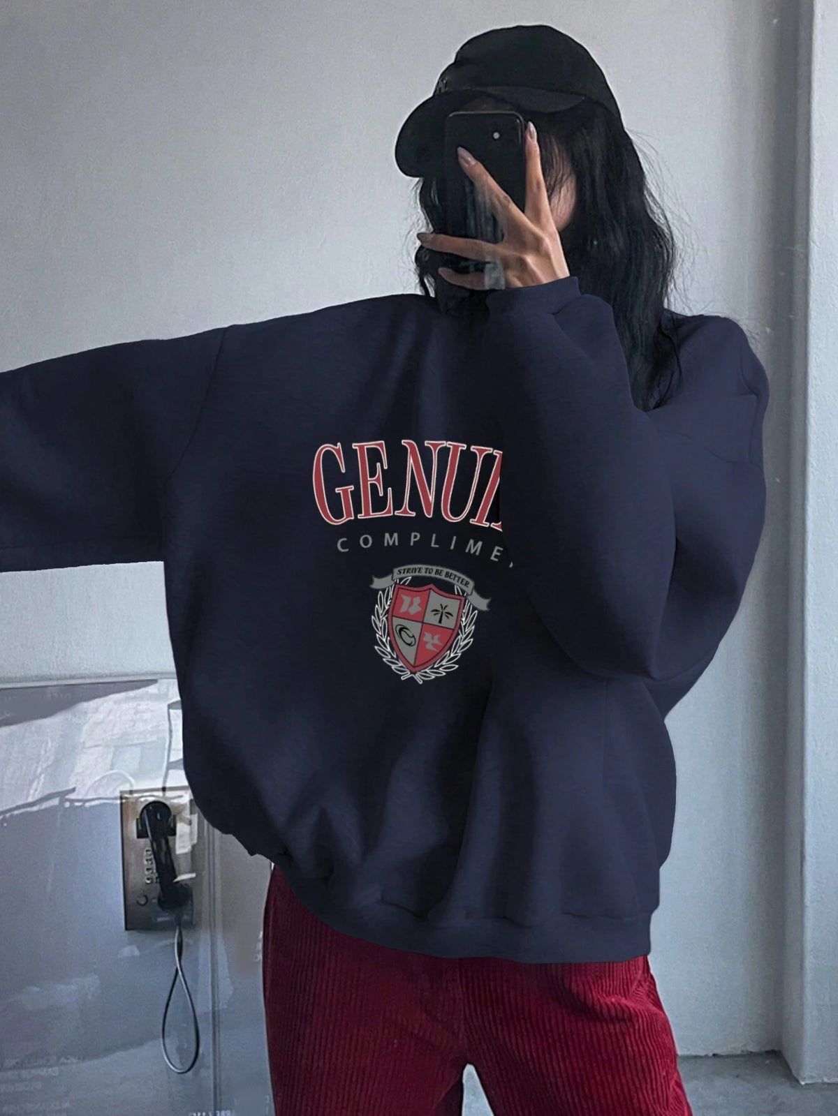 SXV Oversized Genuine compliment Letter Print Thermal Lined Sweatshirt Autumn