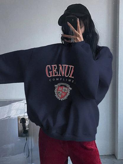 SXV Oversized Genuine compliment Letter Print Thermal Lined Sweatshirt Autumn