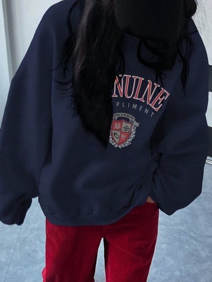 SXV Oversized Genuine compliment Letter Print Thermal Lined Sweatshirt Autumn