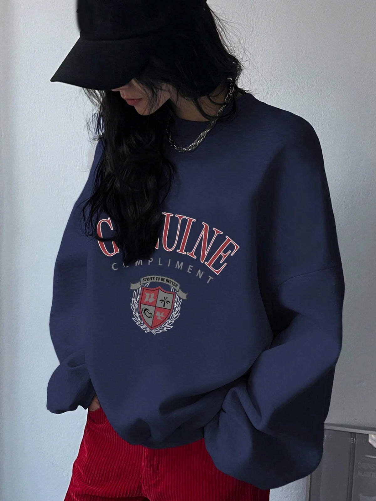 SXV Oversized Genuine compliment Letter Print Thermal Lined Sweatshirt Autumn