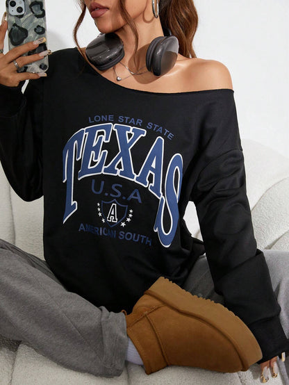 SXV Women Oblique Shoulder Long Sleeve Letter Print Casual Sweatshirt