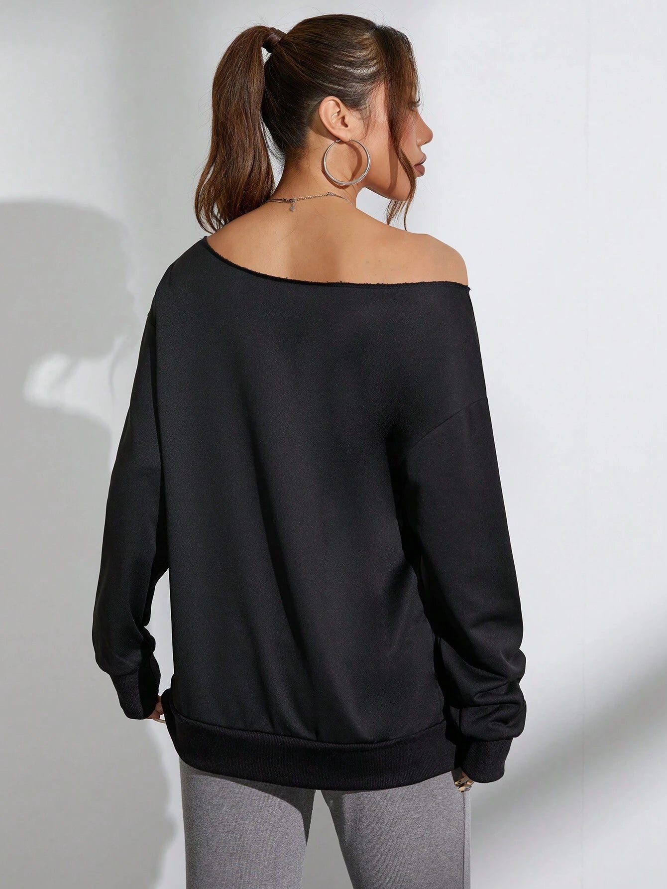 SXV Women Oblique Shoulder Long Sleeve Letter Print Casual Sweatshirt