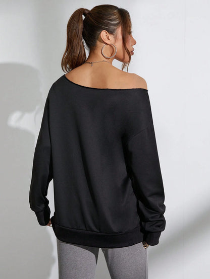 SXV Women Oblique Shoulder Long Sleeve Letter Print Casual Sweatshirt