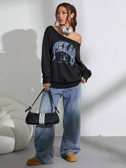SXV Women Oblique Shoulder Long Sleeve Letter Print Casual Sweatshirt