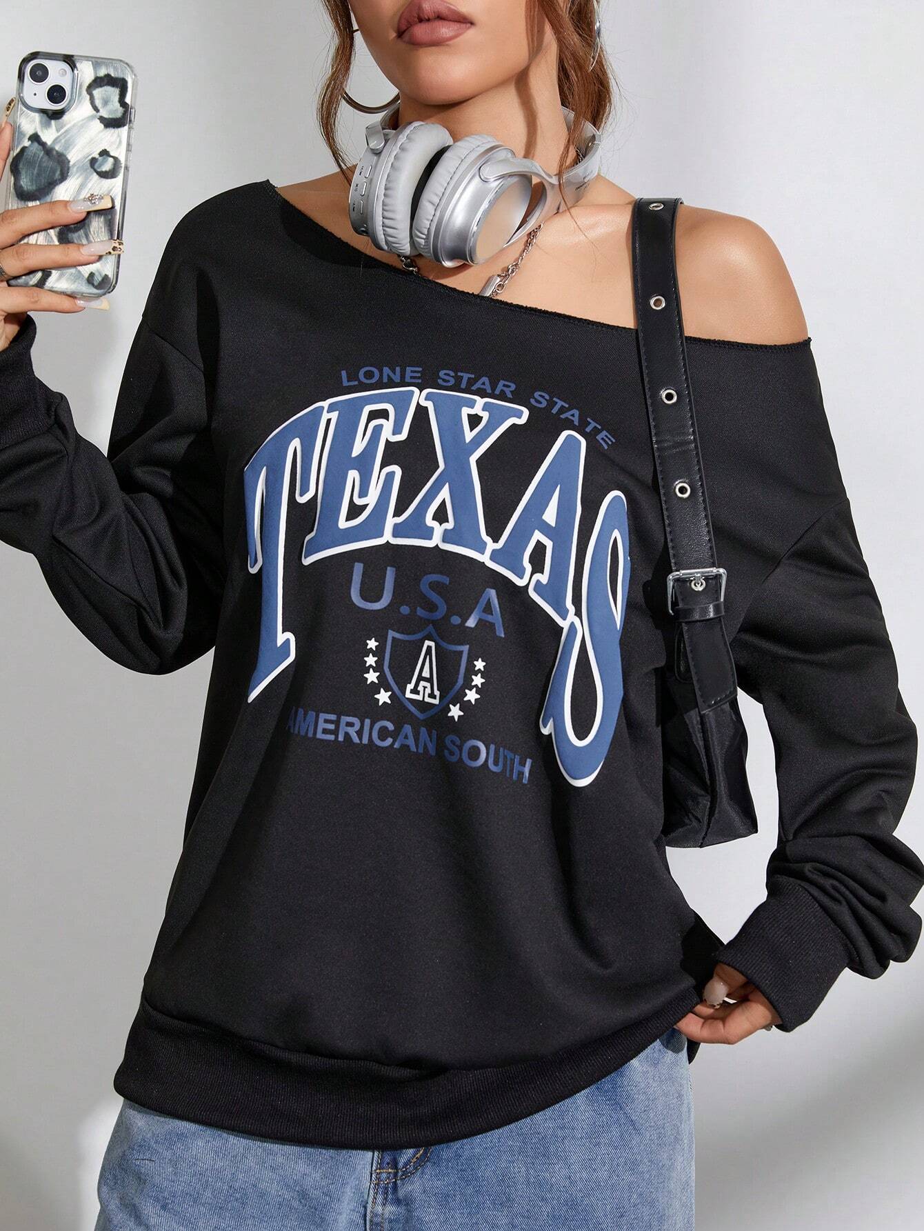 SXV Women Oblique Shoulder Long Sleeve Letter Print Casual Sweatshirt