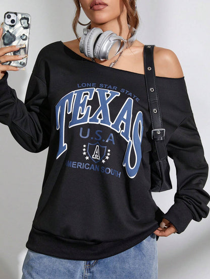 SXV Women Oblique Shoulder Long Sleeve Letter Print Casual Sweatshirt