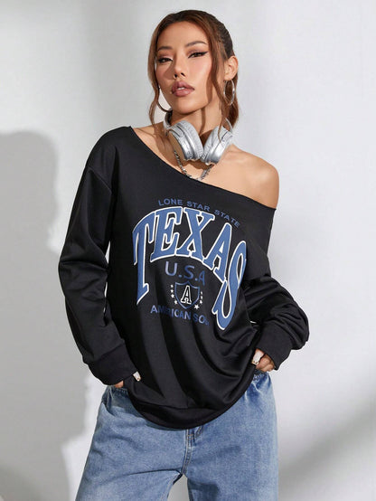 SXV Women Oblique Shoulder Long Sleeve Letter Print Casual Sweatshirt