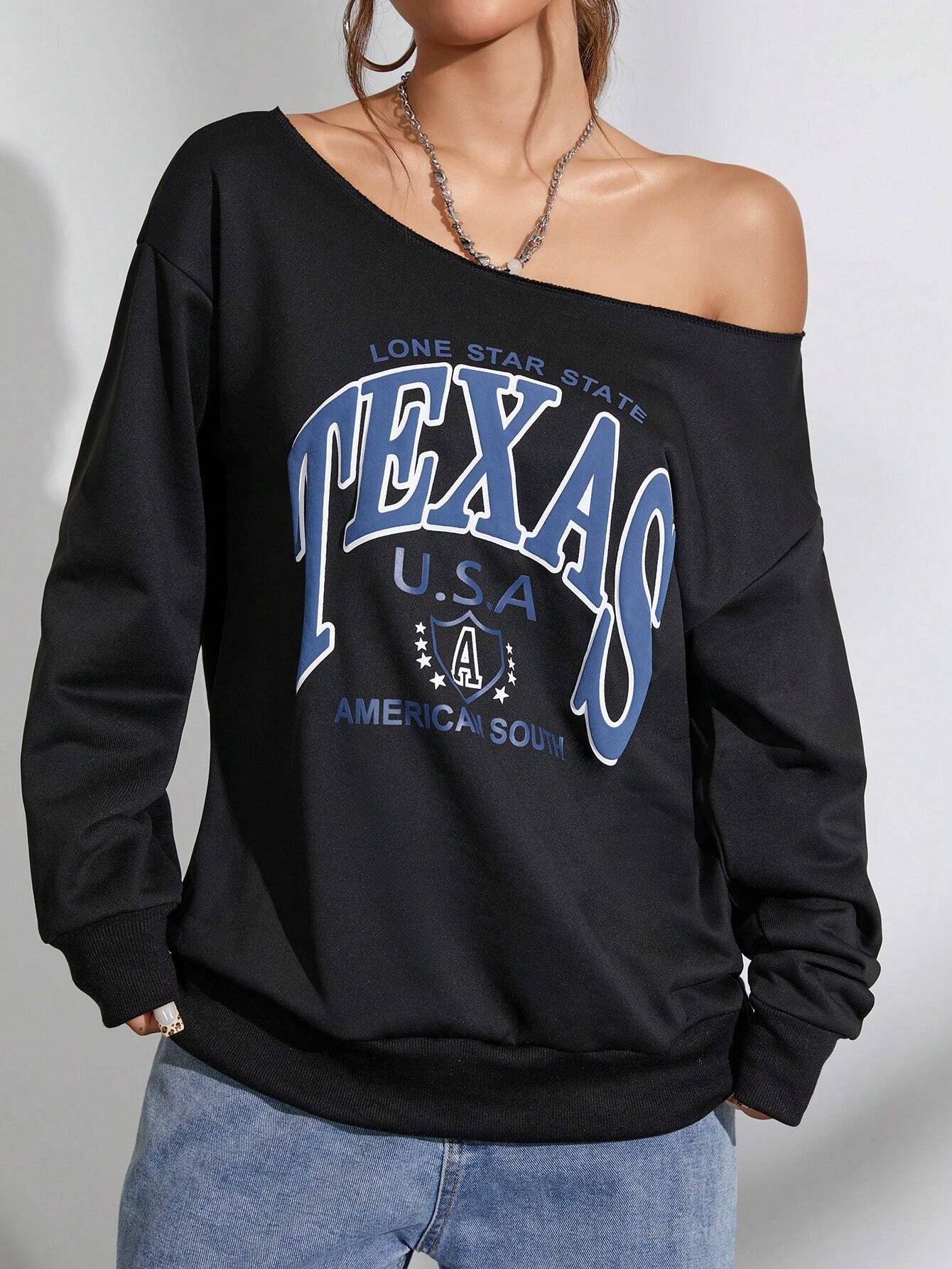 SXV Women Oblique Shoulder Long Sleeve Letter Print Casual Sweatshirt