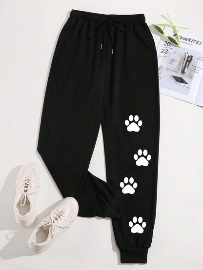 SXV Bear Footprint Print Drawstring Waist Sweatpants Casual Women's Pants