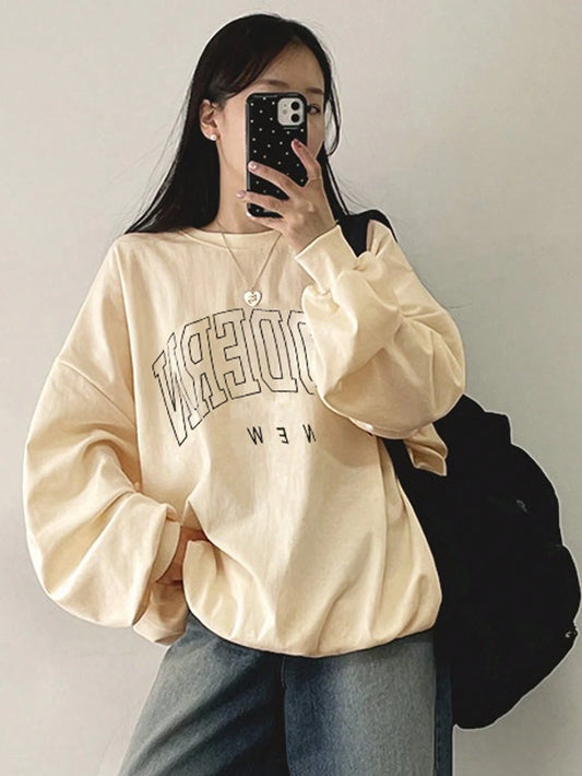SXV Women's Casual Letter Print Drop Shoulder Long Sleeve Loose Sweatshirt