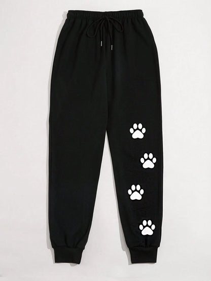SXV Bear Footprint Print Drawstring Waist Sweatpants Casual Women's Pants