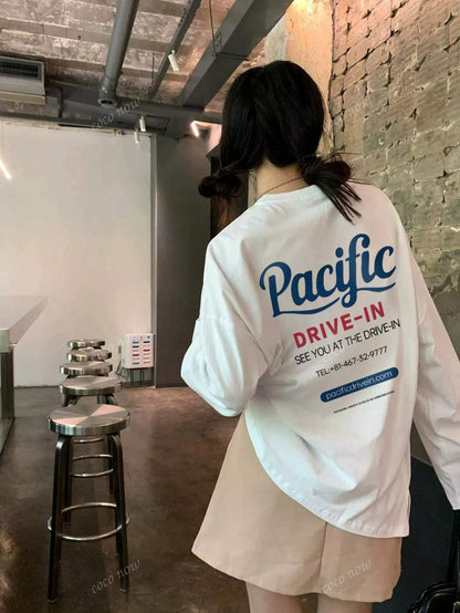 SXV Pacific drive in Women Casual Letter Print Crew Neck Oversized Cute Loose Long Sleeve T-Shirt Top, Autumn